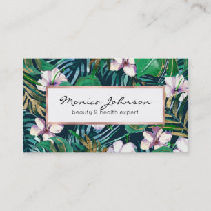 Tropical Green Lilac Gold Monster Leaves Floral Business Card