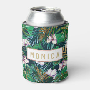 Tropical Green Lilac Gold Monster Leaves Floral Can Cooler