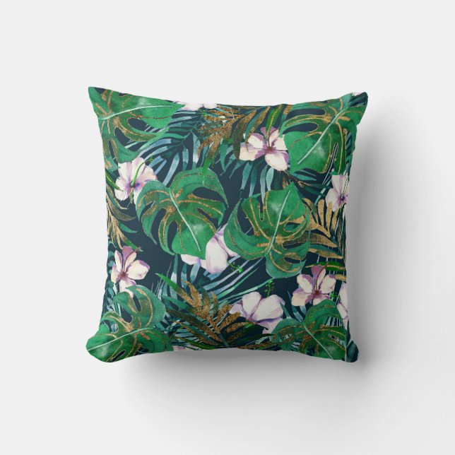Tropical Green Lilac Gold Monster Leaves Floral Cushion (Front)