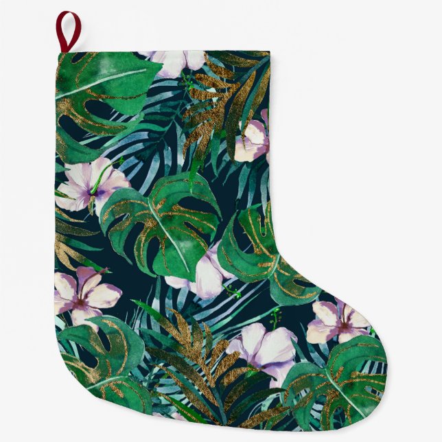 Tropical Green Lilac Gold Monster Leaves Floral Large Christmas Stocking (Front)