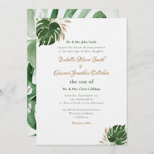 Tropical Green Monstera Leaves Watercolor Art Invitation