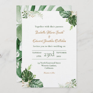 Tropical Green Monstera Leaves Watercolor Wedding Invitation