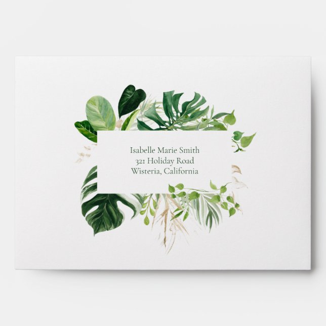 Tropical Green Monstera Leaves Wedding Envelope (Front)