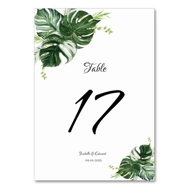 Tropical Green Monstera Leaves Wedding Table Number (Front)