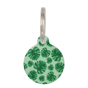 Tropical Green Monstera Palm Leaves & Custom Info Pet Tag