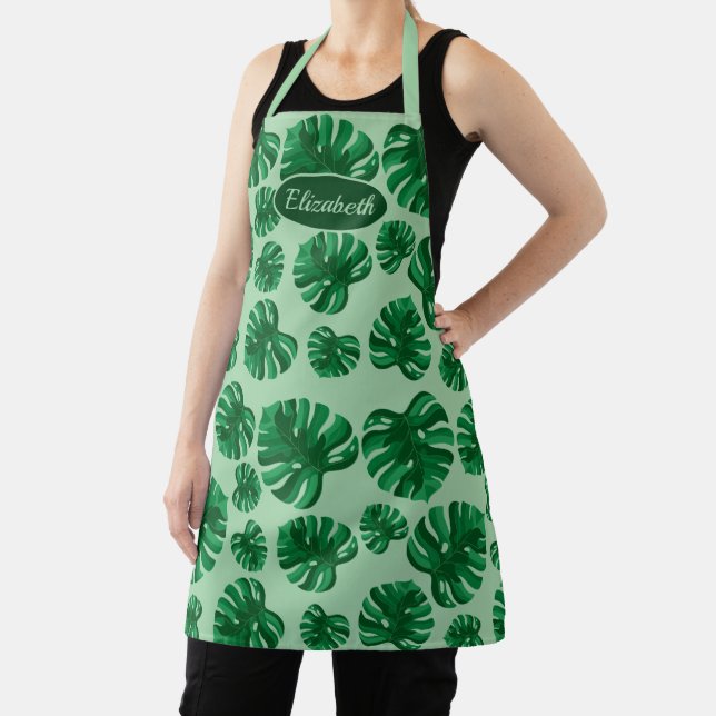 Tropical Green Monstera Palm Leaves & Custom Name Apron (Insitu)