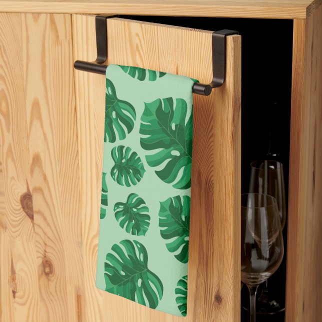 Tropical Green Monstera Palm Leaves Tea Towel (Thirds Fold)