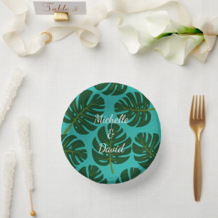 Tropical green Monstera plant leafs custom wedding Paper Plate