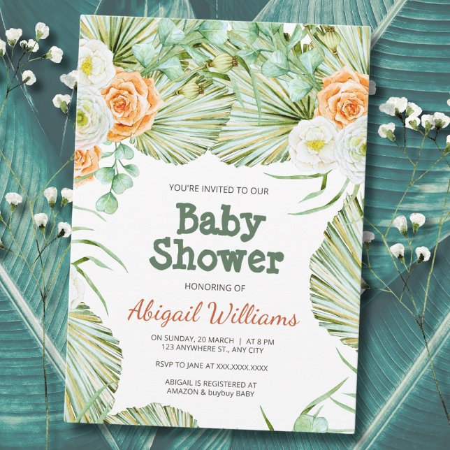 Tropical Green & Orange Floral Baby Shower Invitation (Creator Uploaded)