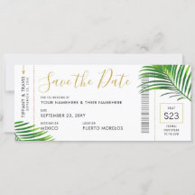 Tropical Green Palm Boarding Pass Save Date Card