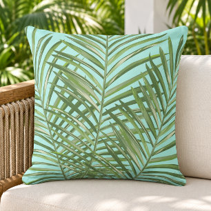 Tropical Green Palm Frond Aqua Pattern Cushion