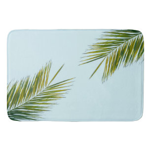 Tropical Green Palm Frond on Light Blue Bath Mat
