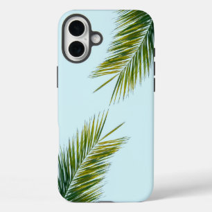 Tropical Green Palm Frond on Light Blue iPhone 16 Plus Case
