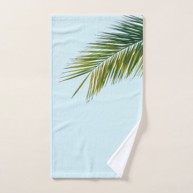 Tropical Green Palm Frond on Light Blue Hand Towel (Hand Towel)
