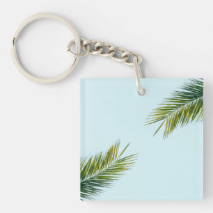 Tropical Green Palm Frond on Light Blue Key Ring