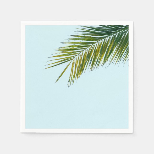 Tropical Green Palm Frond on Light Blue Napkin (Front)