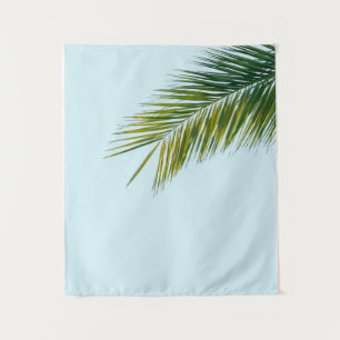 Tropical Green Palm Frond on Light Blue Tapestry