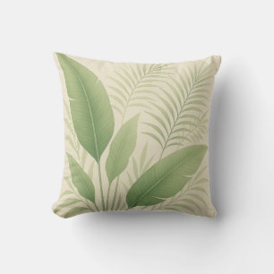 Tropical Green Palm Fronds and Banana Leaves Cushion