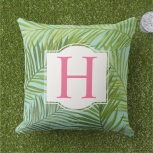 Tropical Green Palm Leaf Aqua Monogram Initial Cushion