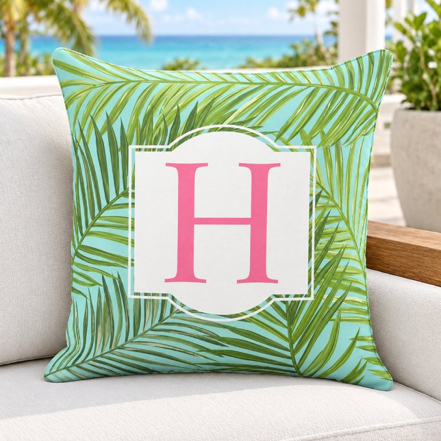 Tropical Green Palm Leaf Aqua Monogram Initial Cushion (Creator Uploaded)