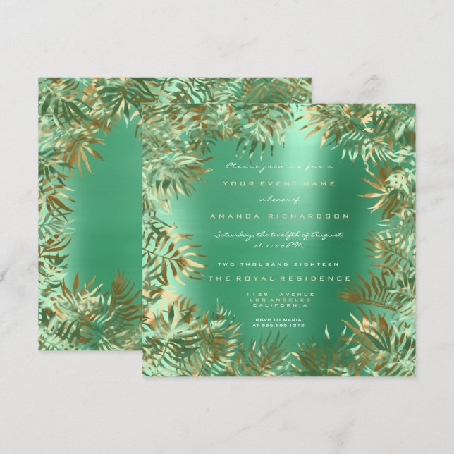 Tropical Green Palm Leaf Frame Metallic Mint Gold Invitation (Front/Back)
