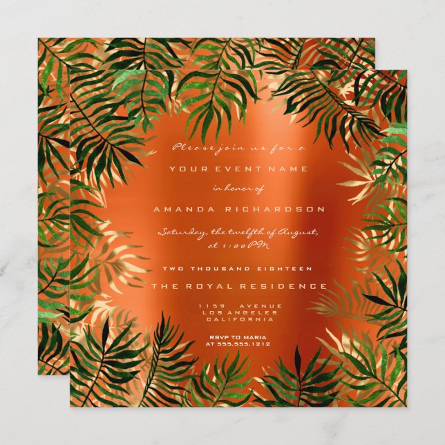 Tropical Green Palm Leaf Frame Orange Coral Gold Invitation (Front/Back)