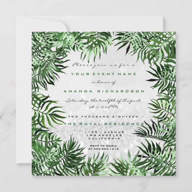 Tropical Green Palm Leaf Frame Silver Glitter Grey Invitation (Front)