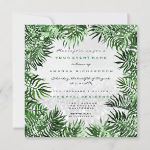 Tropical Green Palm Leaf Frame Silver Glitter Grey Invitation