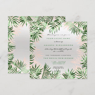 Tropical Green Palm Leaf Frame Silver Grey Pink Invitation