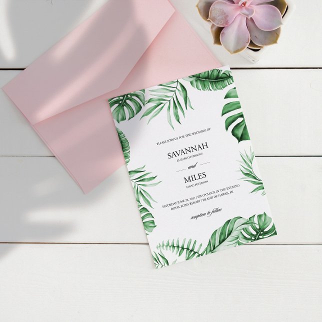 Tropical Green Palm Leaf Frame Wedding Invitation (Creator Uploaded)