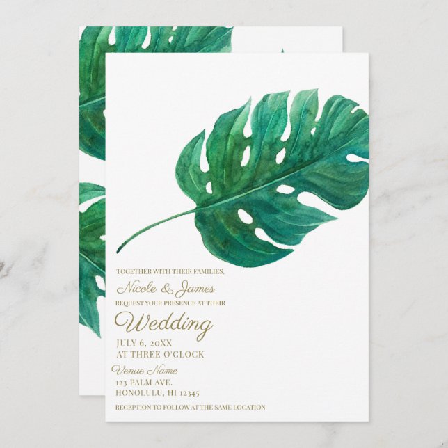 Tropical Green Palm Leaf Hawaiian Summer Wedding Invitation (Front/Back)