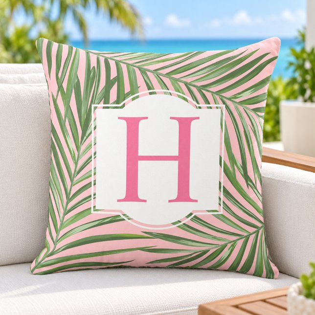 Tropical Green Palm Leaf Pink Monogram Initial Cushion (Creator Uploaded)