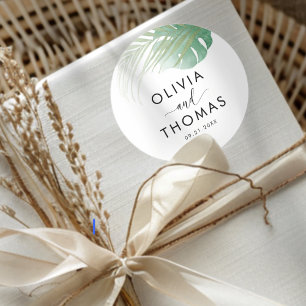 Tropical Green Palm Leaf Wedding Favour  Classic Round Sticker