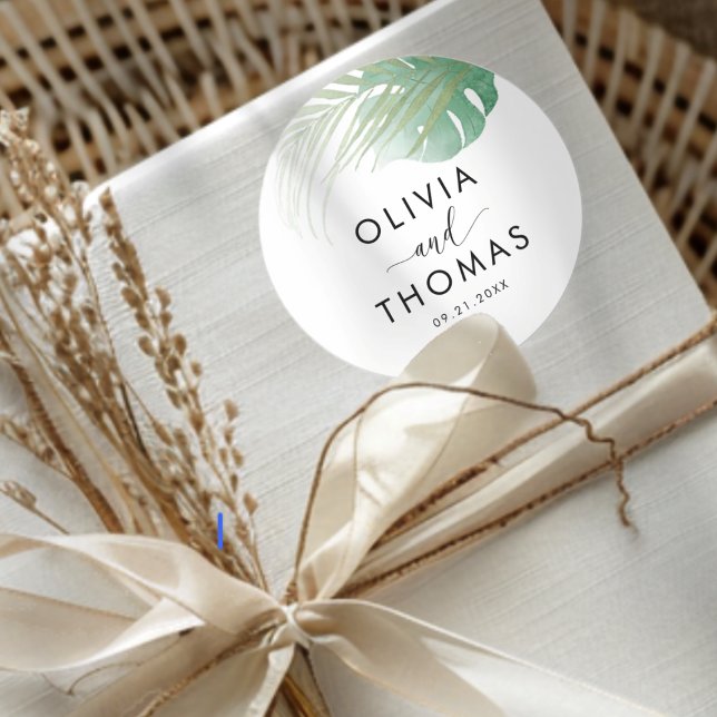 Tropical Green Palm Leaf Wedding Favour  Classic Round Sticker (Creator Uploaded)