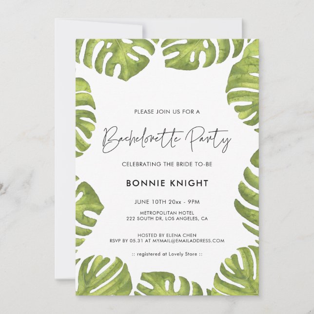 Tropical green palm leaves Bachelorette Party Invitation (Front)