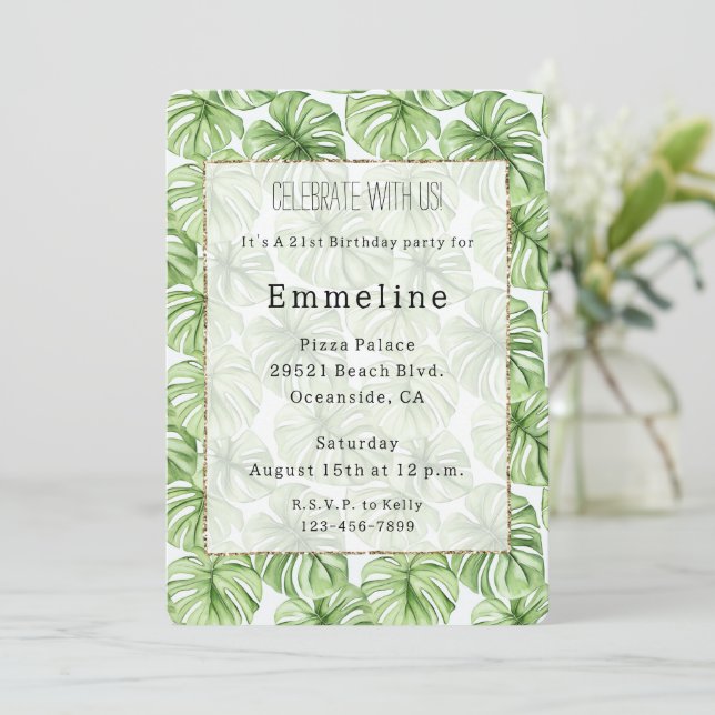 Tropical Green Palm Leaves Birthday   Invitation (Standing Front)