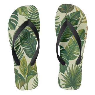 Tropical Green Palm Leaves Botanical Pattern Flip Jandals