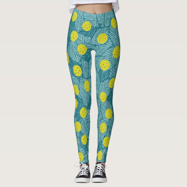 Tropical Green Palm Leaves Colourful Pickleball Leggings (Front)