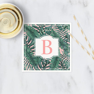 Tropical Green Palm Leaves Coral Monogram Napkin