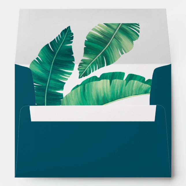 Tropical Green Palm Leaves, Dark Teal Blue Envelope (Back (Bottom))