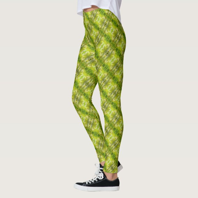 Tropical green palm leaves diagonal pattern leggings (Left)