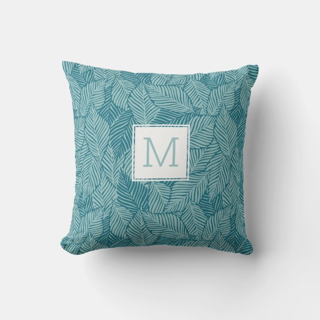 Tropical Green Palm Leaves Ferns Custom Monogram Cushion (Front)