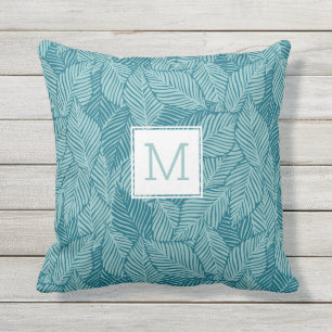 Tropical Green Palm Leaves Ferns Custom Monogram Cushion
