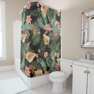 Tropical Green Palm Leaves Floral Monogram Black Shower Curtain