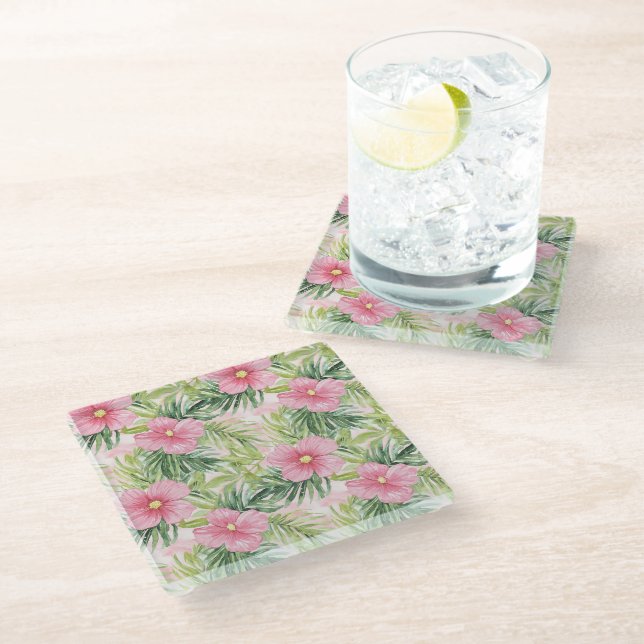 Tropical Green Palm Leaves  Glass Coaster (Angled)