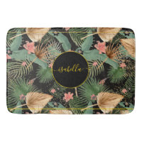 Tropical Green Palm Leaves Monogram Black Bath Mat