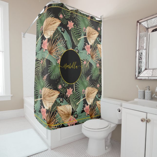 Tropical Green Palm Leaves Monogram Black Shower Curtain (In Situ)