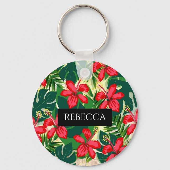 Tropical Green Palm Leaves Monogram Keychain (Front)