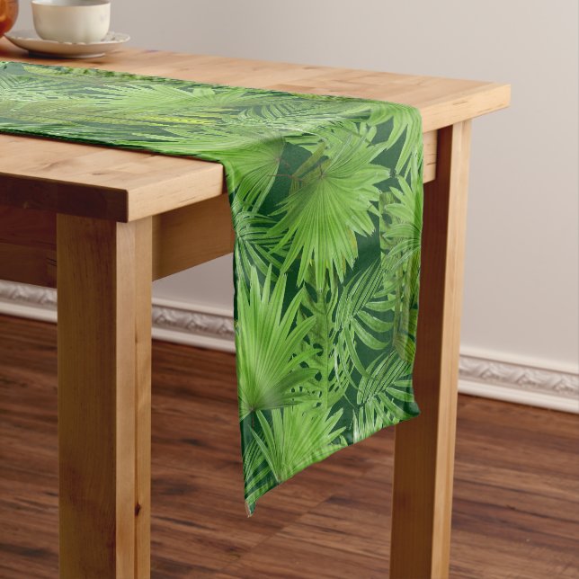 Tropical Green Palm Leaves on Forest Green Short Table Runner (In Situ)