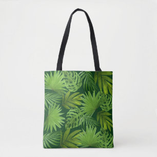 Tropical Green Palm Leaves on Forest Green Tote Bag